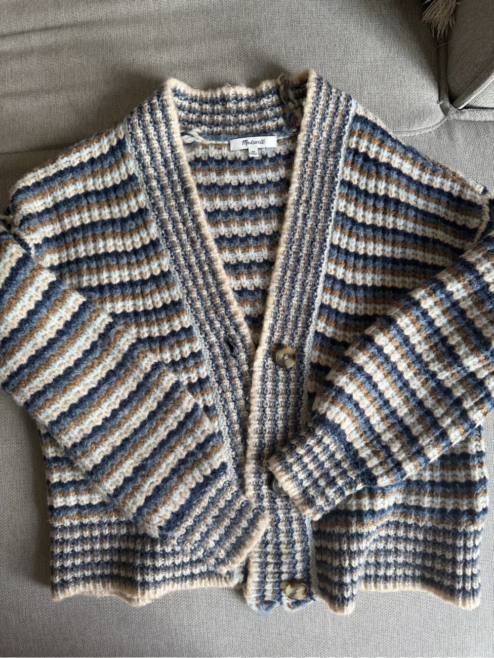 Madewell Striped Chunky Knit Cardigan in Blue, Cream, Brown
